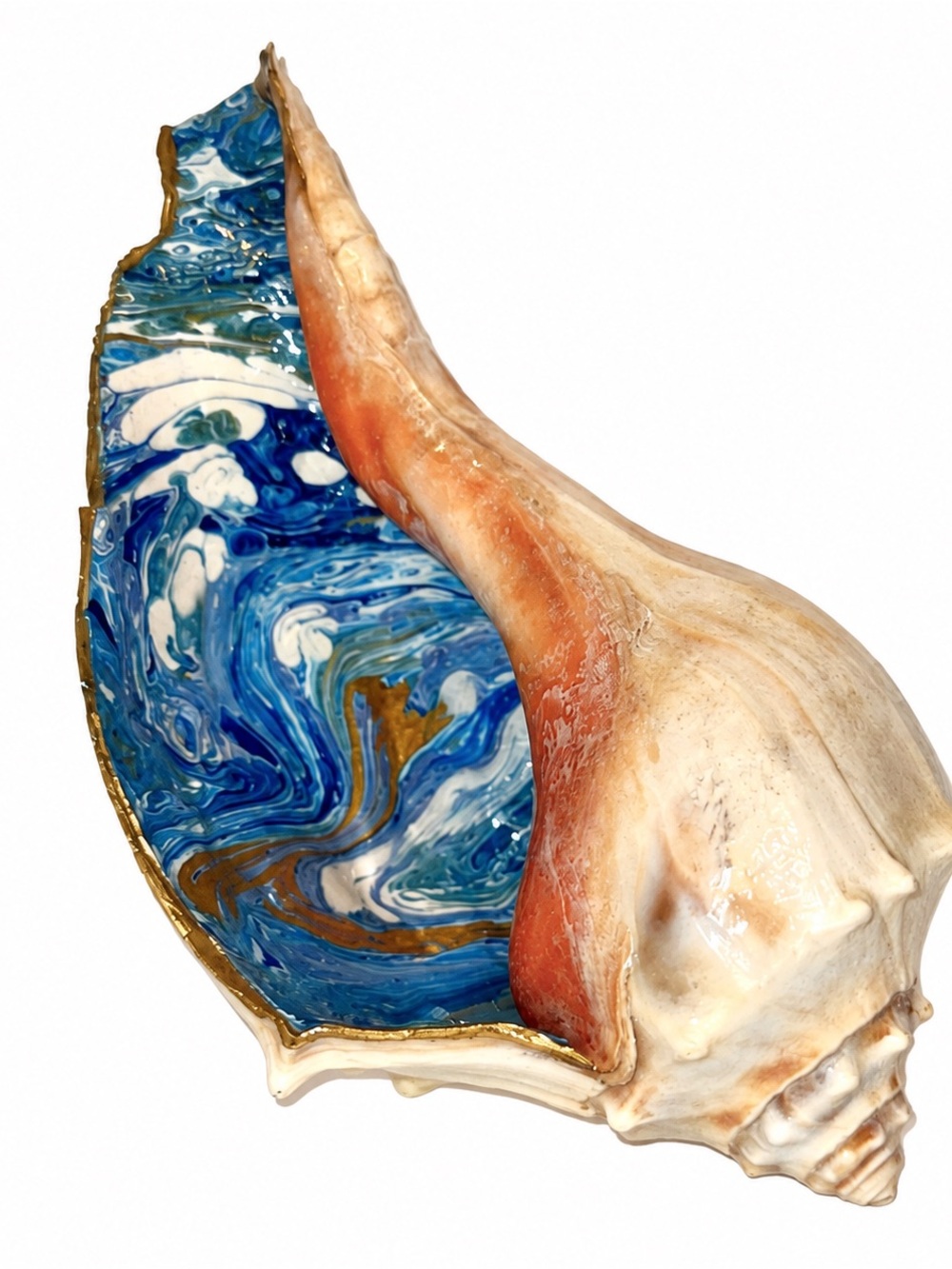 Hand Painted Conch Shell Ocean Swirl Blue Gold Coastal Art 8”